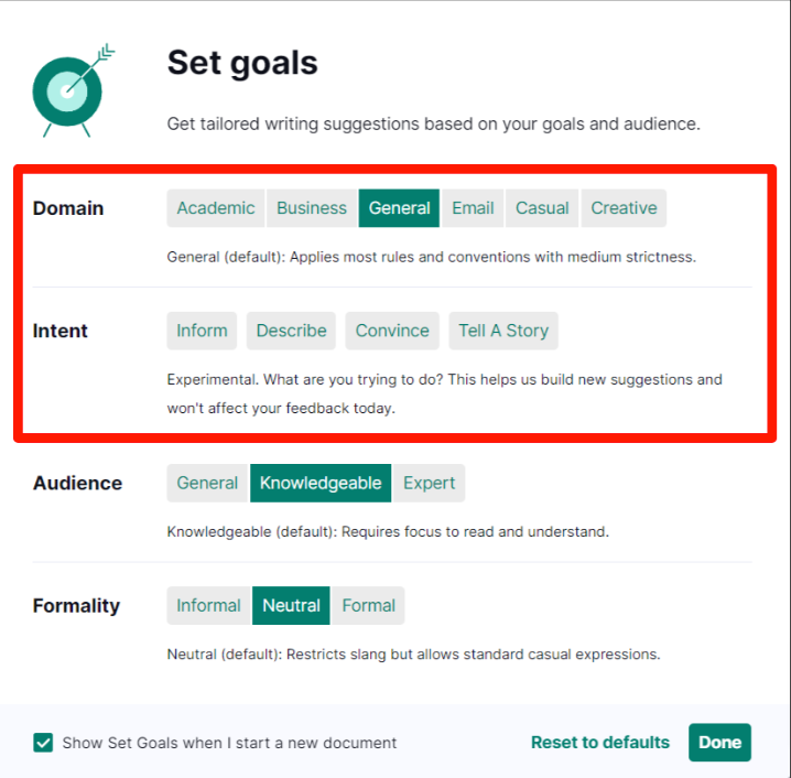 Grammarly Domain’ and ‘Intent’ suggestions 