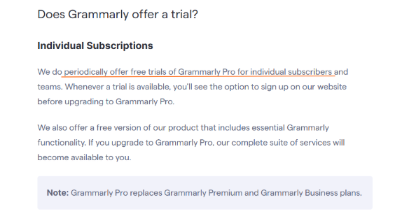 Grammarly free trial page