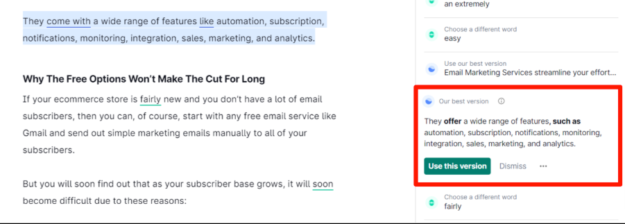 Grammarly’s “Our best version” suggestions