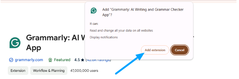 Grammerly Add Extension popup window