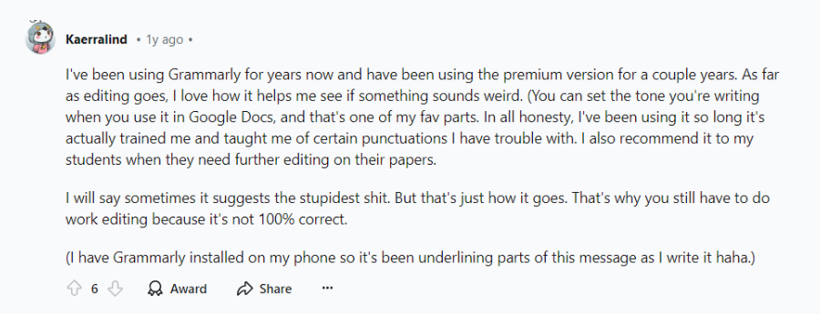  Reddit user's grammerly Feedback